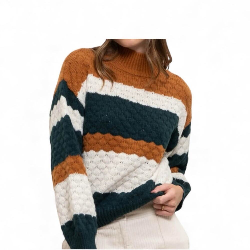 Sweet Wanderer Brown Rust, Green, and Beige Striped Chunky Knit Sweater Large
